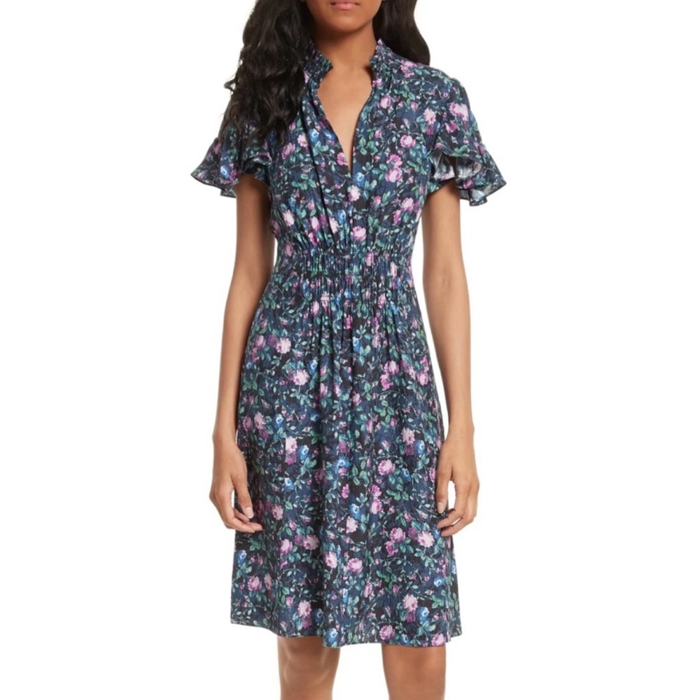 Rebecca Taylor Blue and Pink Floral Hammered Silk Dress Size S